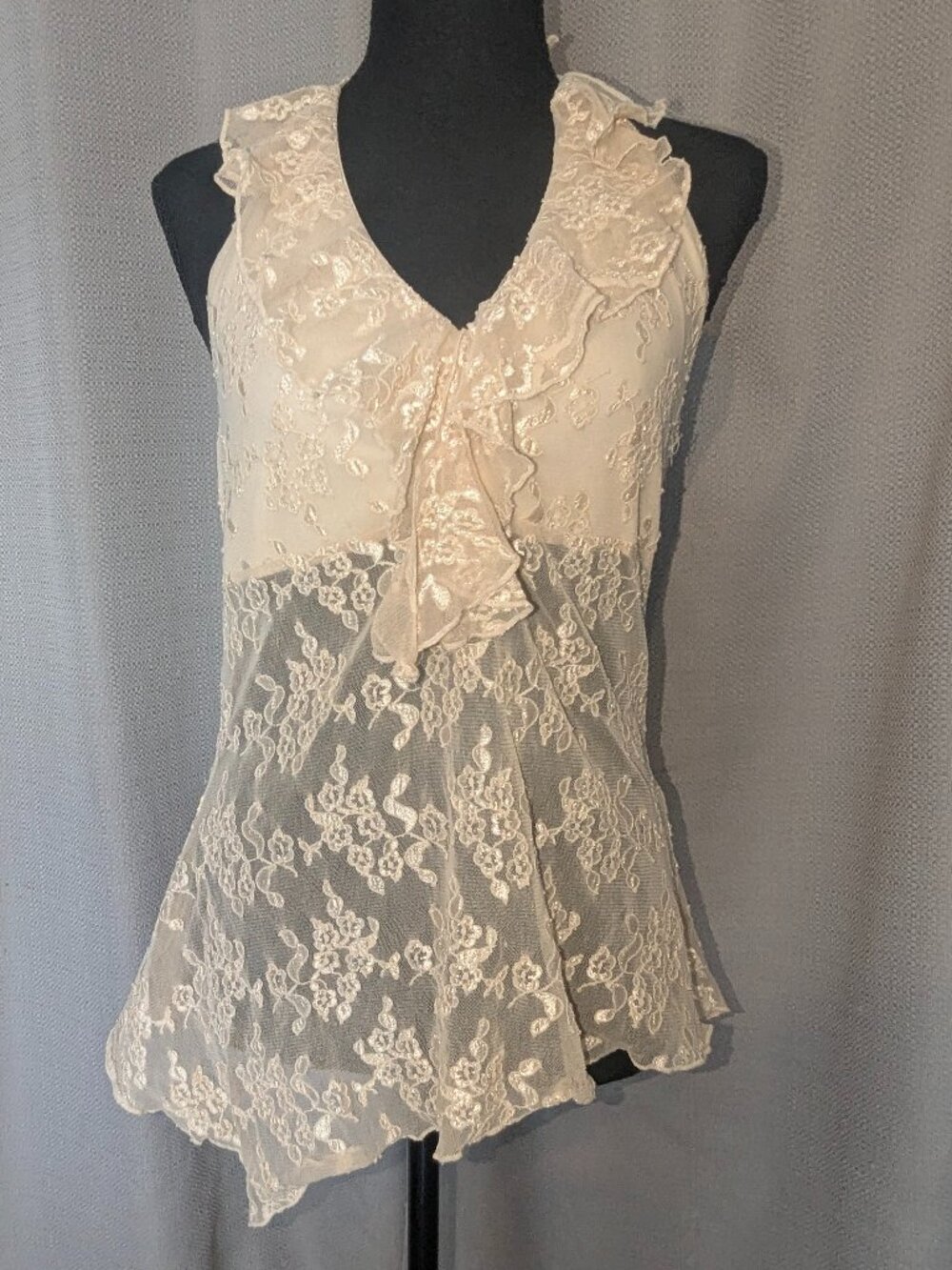 Delicate Cream Lace Ruffle V-Neck Women's Top